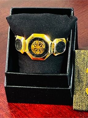 Rustic Cuff With Black Leather and Gold Medallion Cuff Bracelet